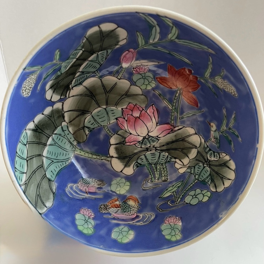 Vintage Chinoiserie Blue Bowl With 
Lily Pad and Mandarin Ducks RARE
